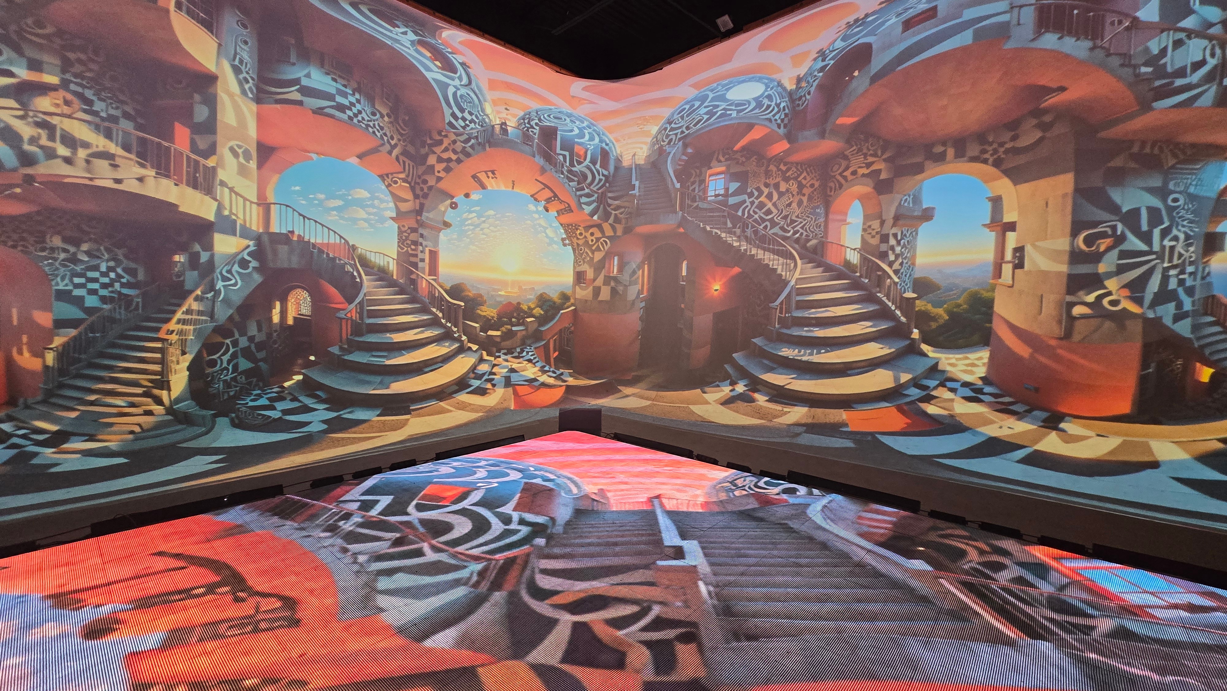 Impossible architecture with sunset arches and LED floor