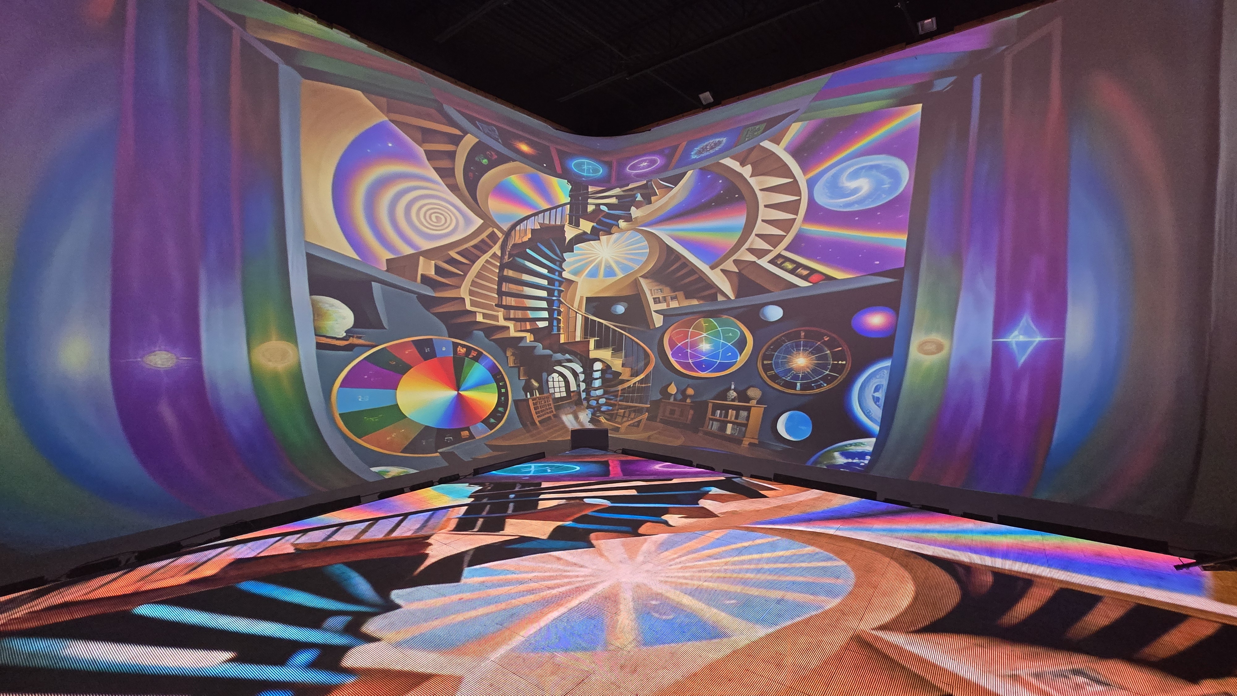 Surreal Escher staircase with rainbow portals