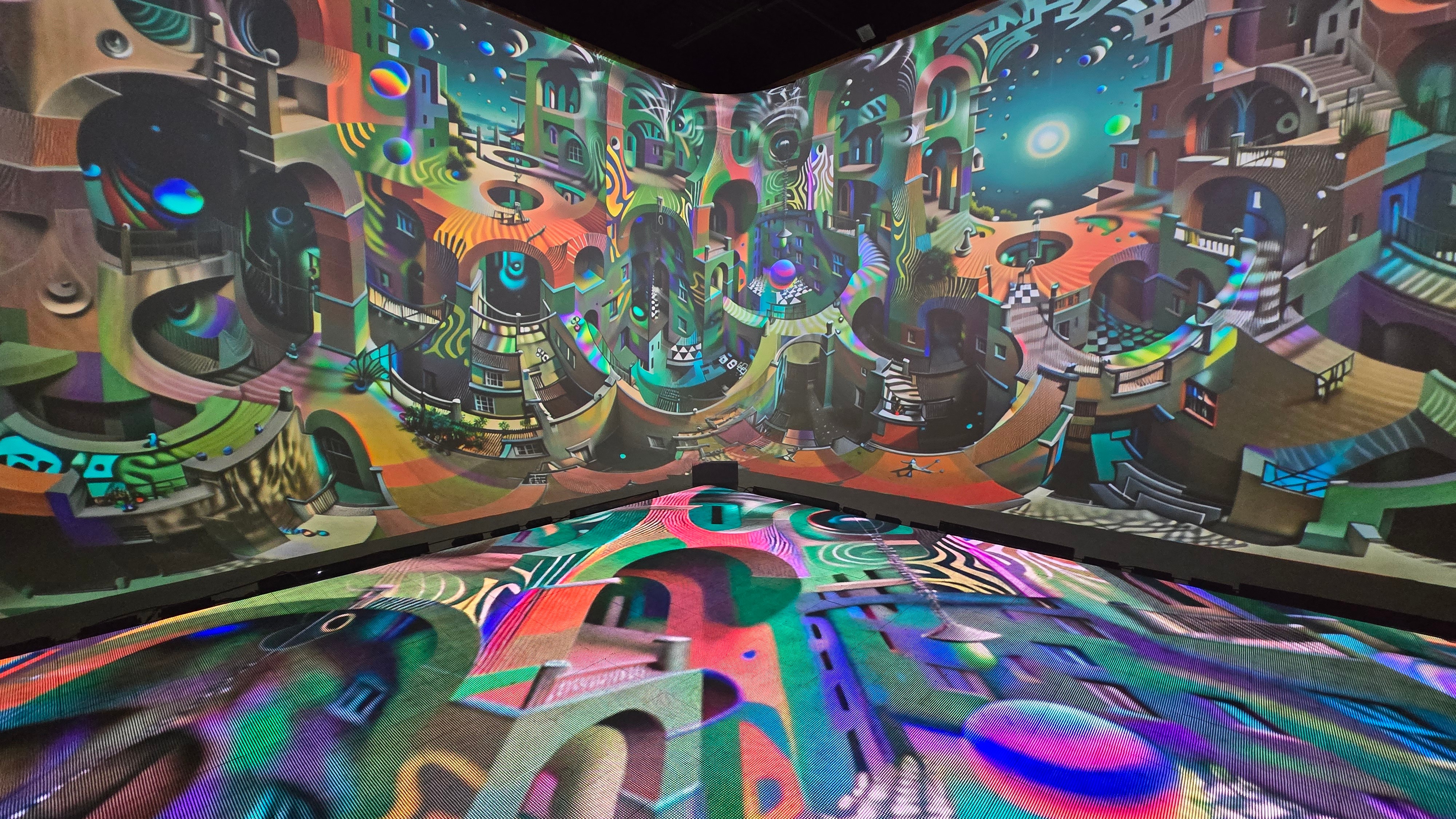 Surreal cityscape wrapping floor and wall